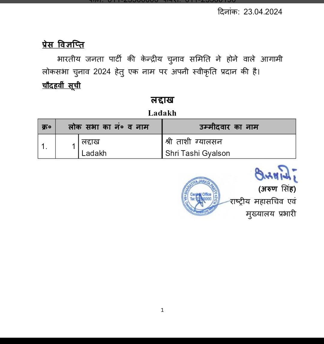 'लद्दाख में ताशी ग्यालसन भाजपा के उम्मीदवार घोषित, सांसद नामग्याल का टिकट कटा !  '